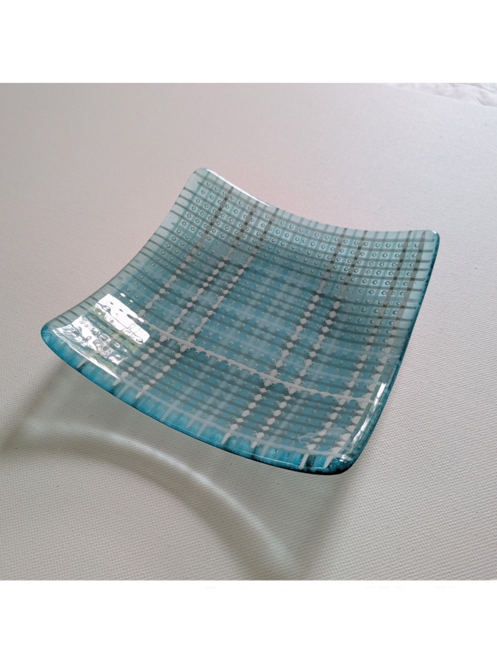 Handmade Artisan Glass Square Dish Catchall 6x6in Glen Echo Aqua Pale Turquoise